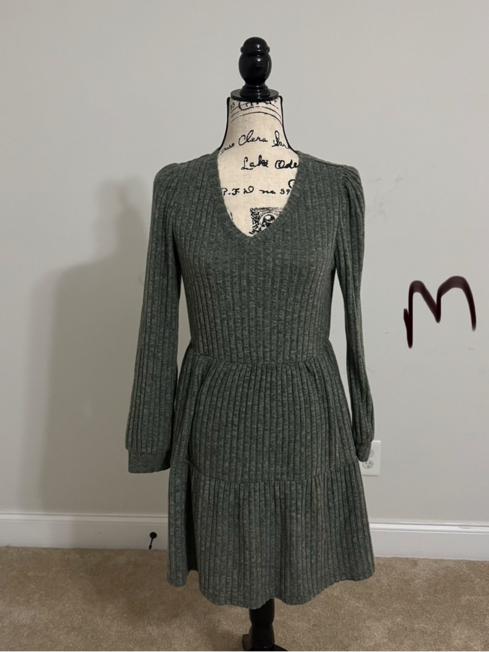 Ribbed V-Neck Knit Dress in Olive Green